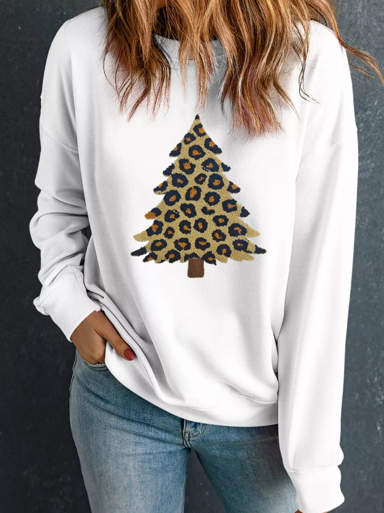 Plush Leopard Tree Patched Drop Shoulder Sweatshirt - White by Trendsi from FREYA’S CLOSET