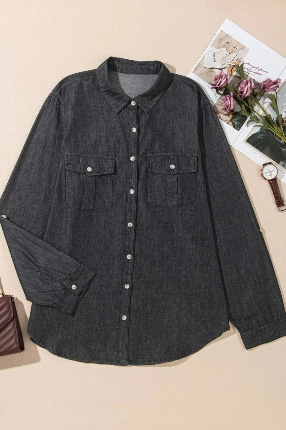 Trendsi Pocketed Collared Neck Long Sleeve Denim Top