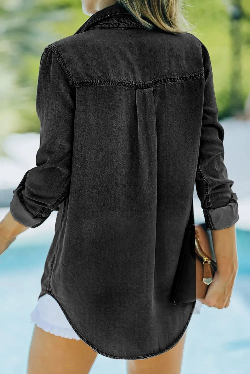 Trendsi Pocketed Collared Neck Long Sleeve Denim Top