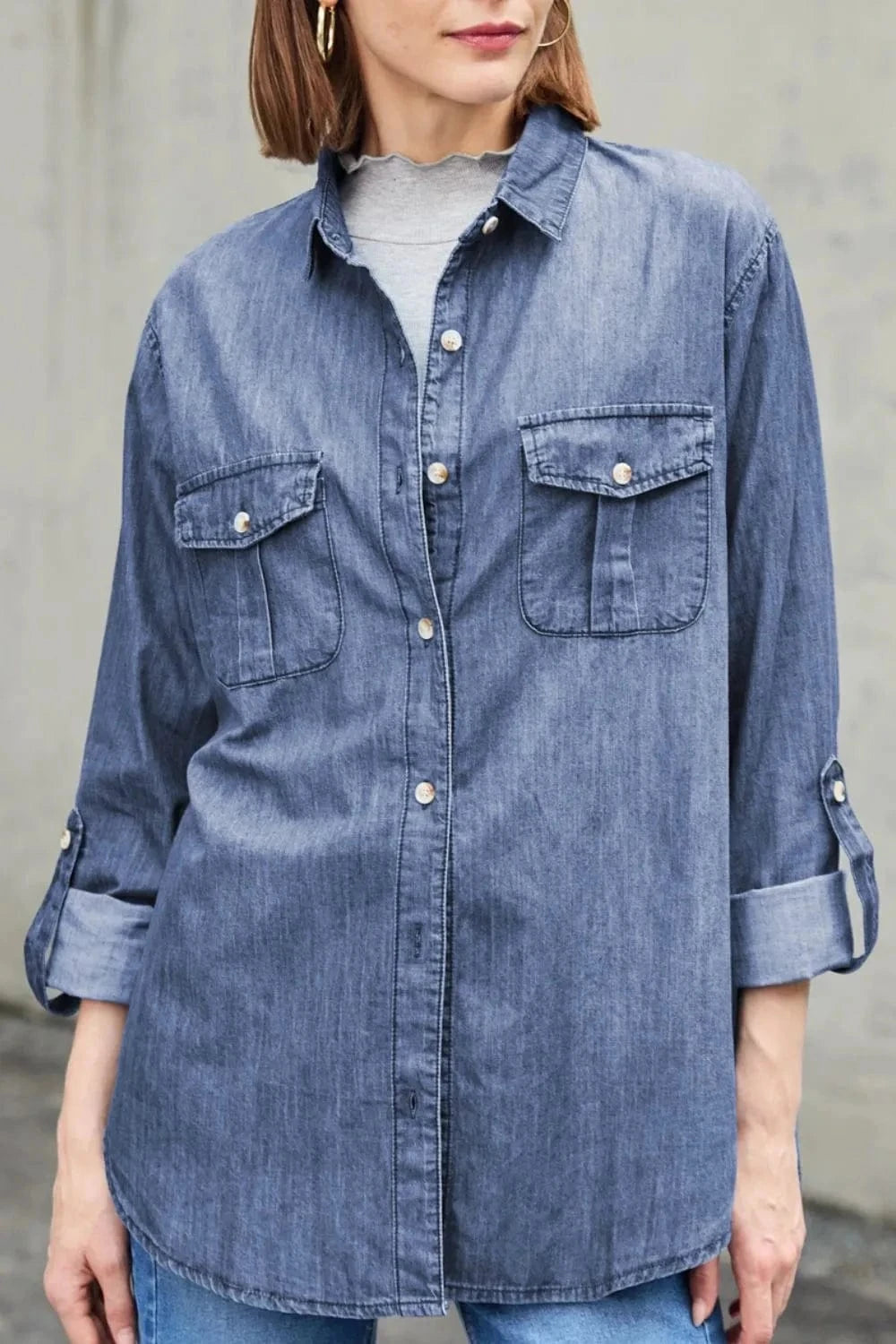 Trendsi Pocketed Collared Neck Long Sleeve Denim Top