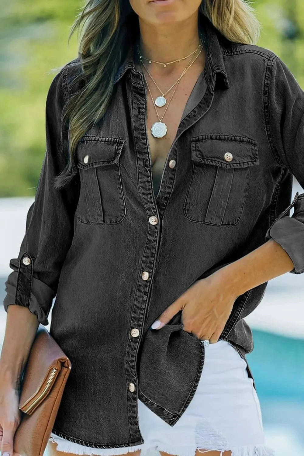 Trendsi Black / S Pocketed Collared Neck Long Sleeve Denim Top