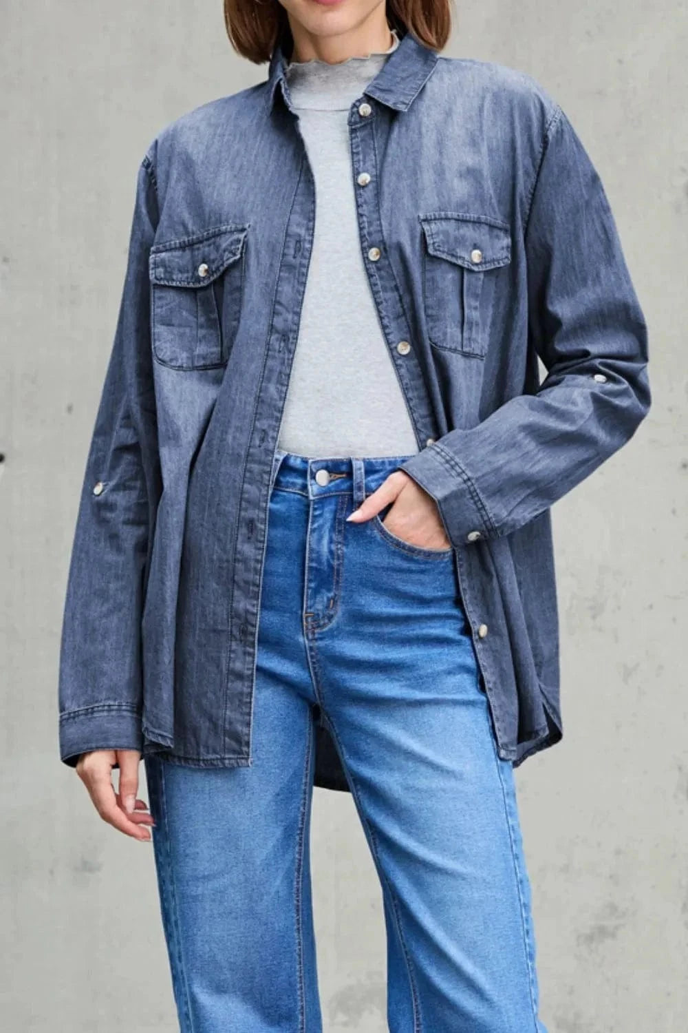 Trendsi Pocketed Collared Neck Long Sleeve Denim Top