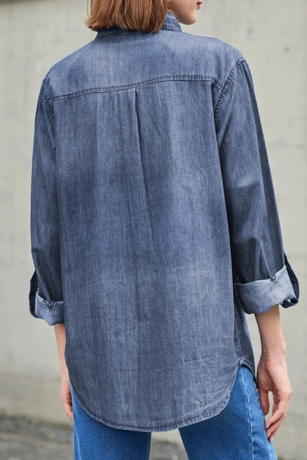 Trendsi Pocketed Collared Neck Long Sleeve Denim Top