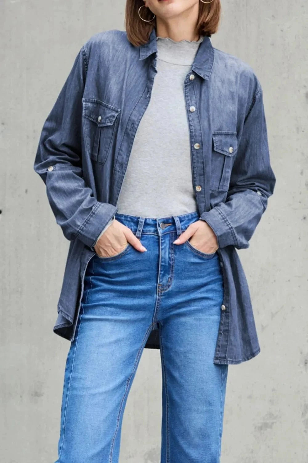 Trendsi Pocketed Collared Neck Long Sleeve Denim Top