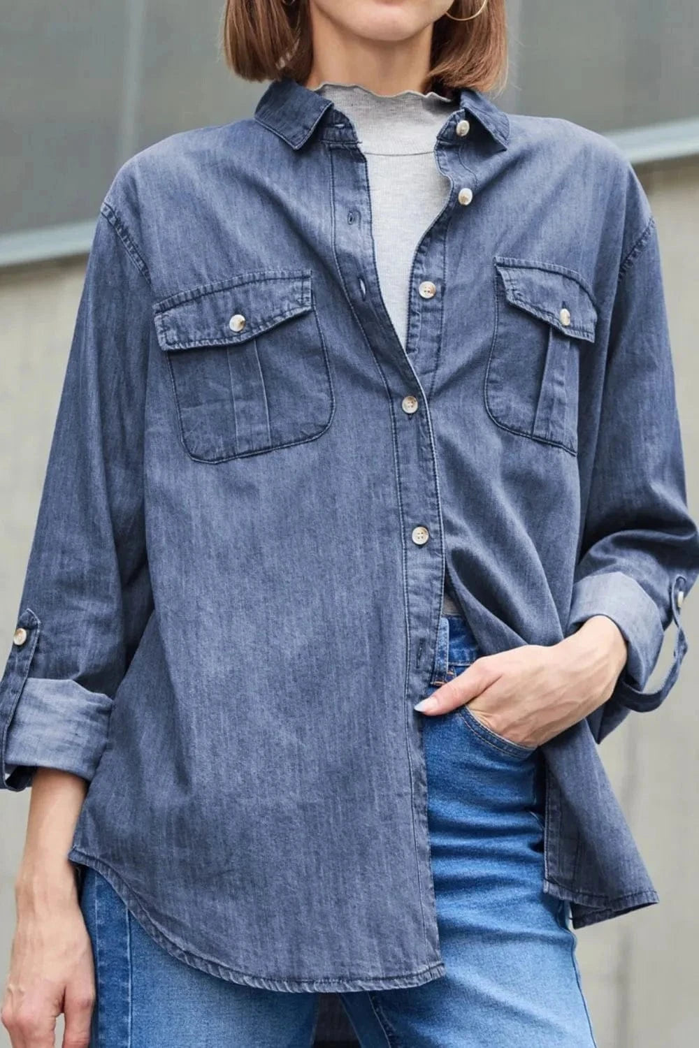 Trendsi Navy / S Pocketed Collared Neck Long Sleeve Denim Top