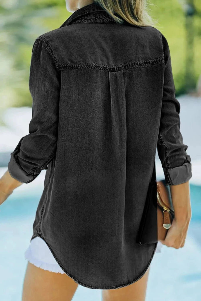 Pocketed Collared Neck Long Sleeve Denim Top - Black by Trendsi from FREYA’S CLOSET