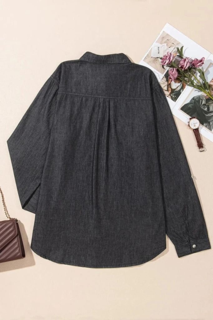 Pocketed Collared Neck Long Sleeve Denim Top - Black by Trendsi from FREYA’S CLOSET