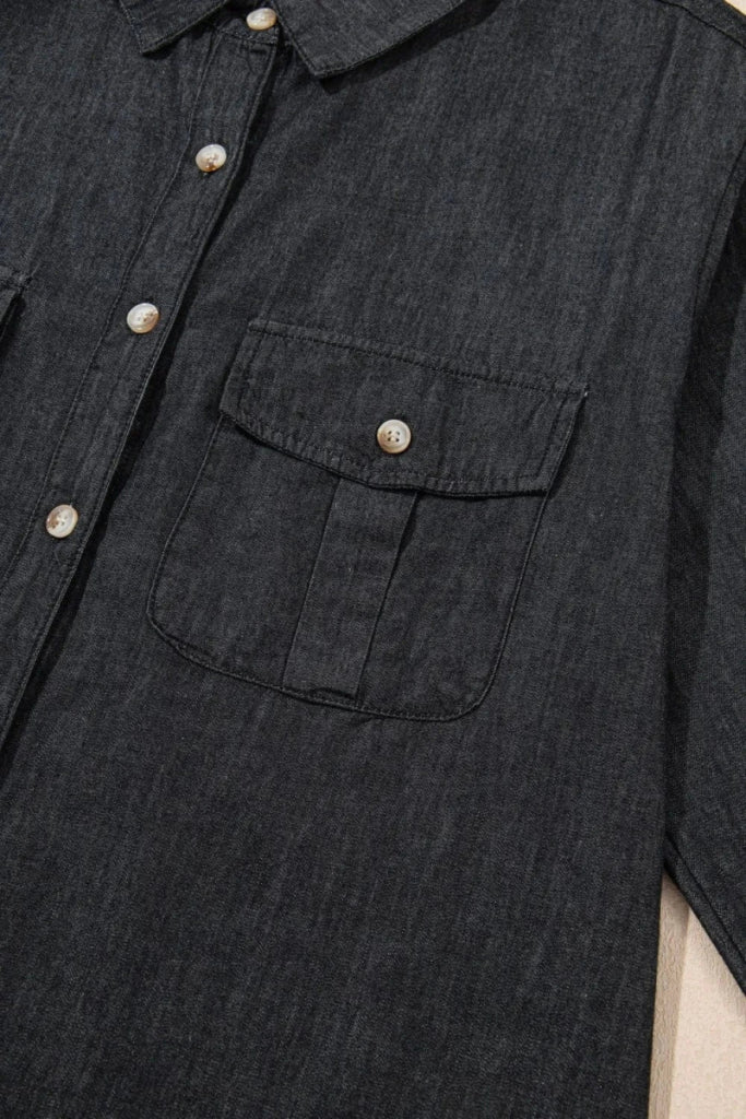 Pocketed Collared Neck Long Sleeve Denim Top - Black by Trendsi from FREYA’S CLOSET