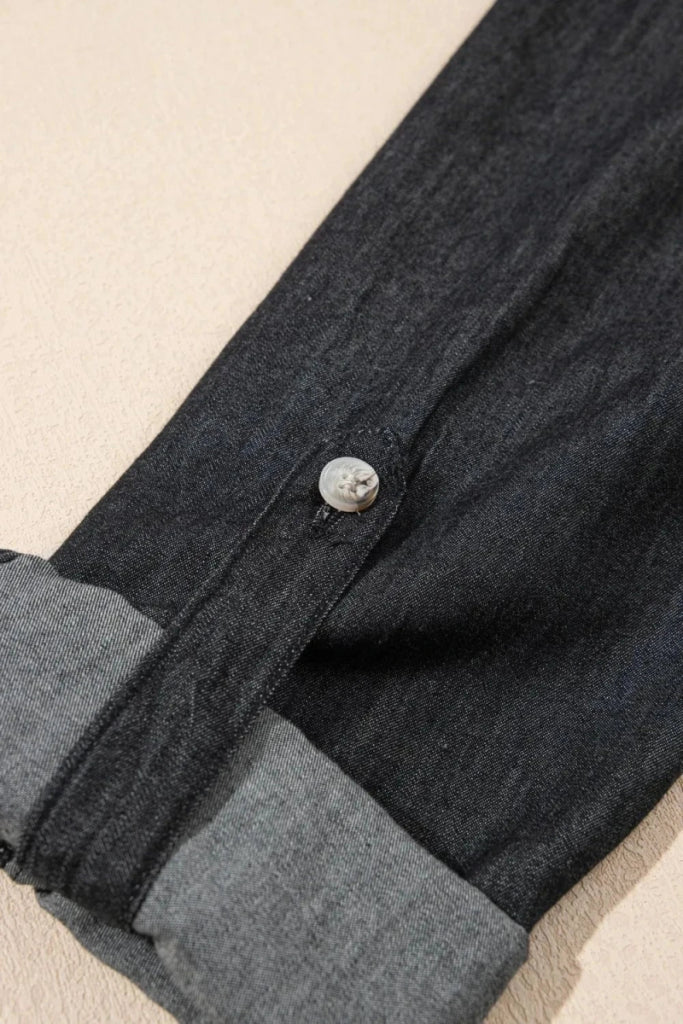 Pocketed Collared Neck Long Sleeve Denim Top – Black by Trendsi from FREYA’S CLOSET