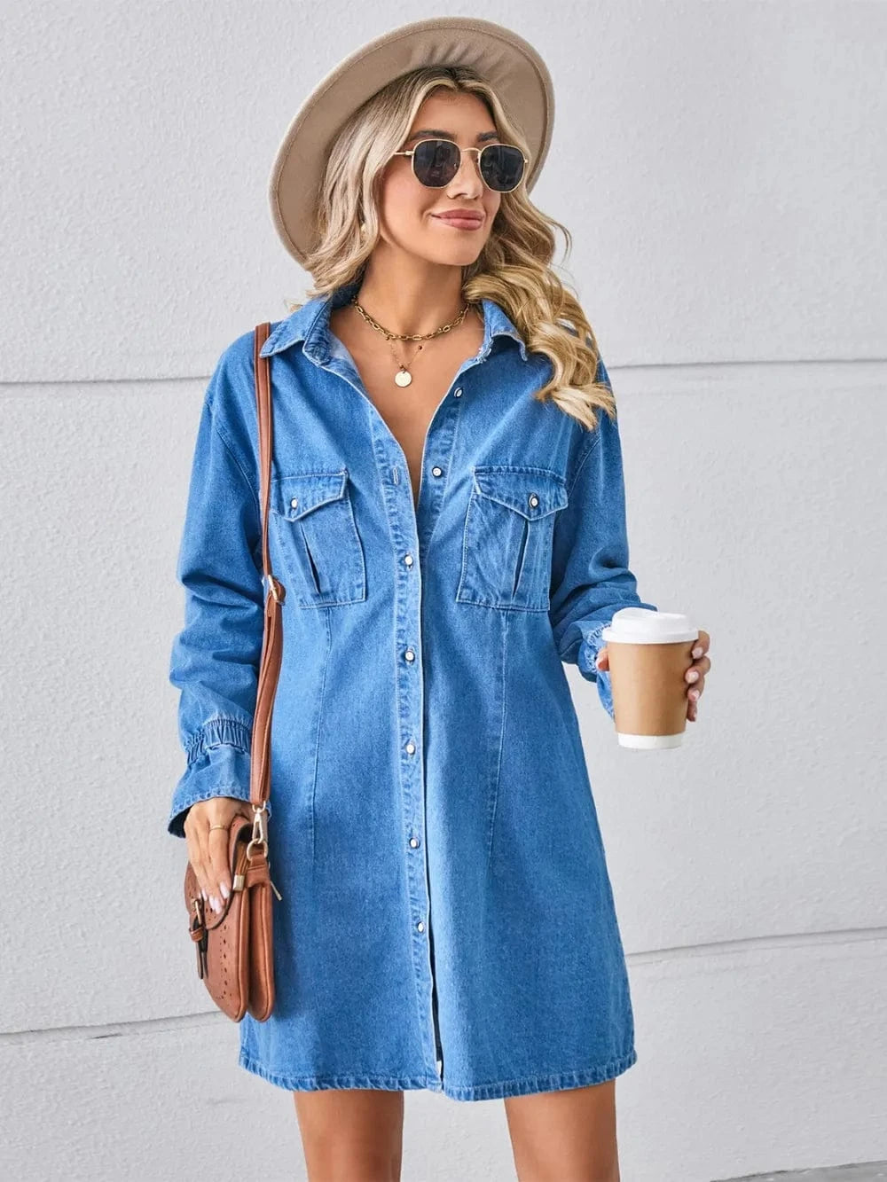 Trendsi Dusty Blue / S Pocketed Dropped Shoulder Mini Denim Dress