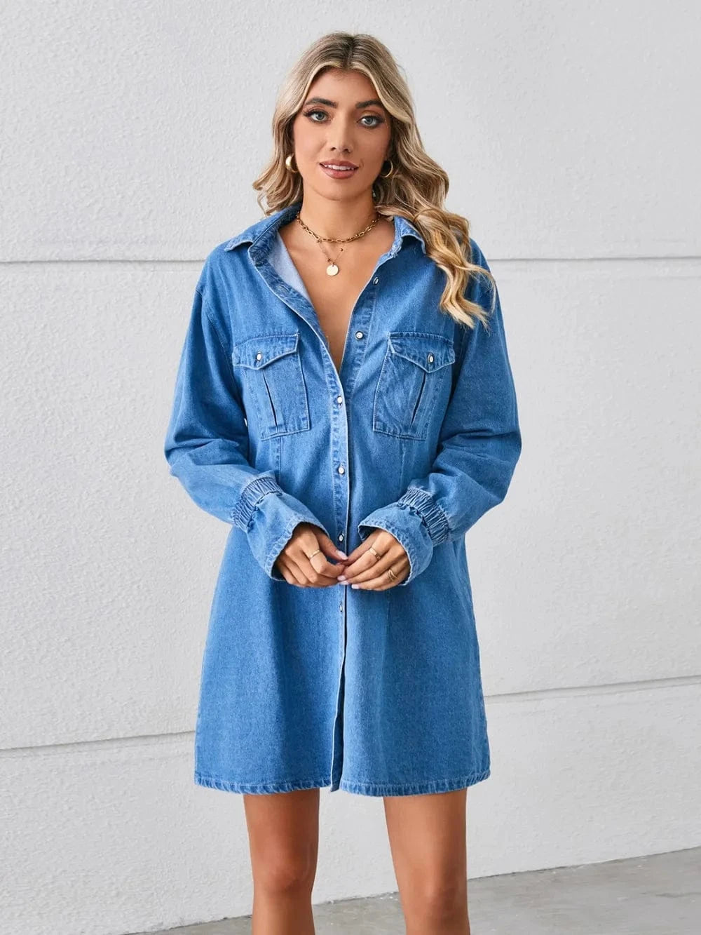 Trendsi Pocketed Dropped Shoulder Mini Denim Dress