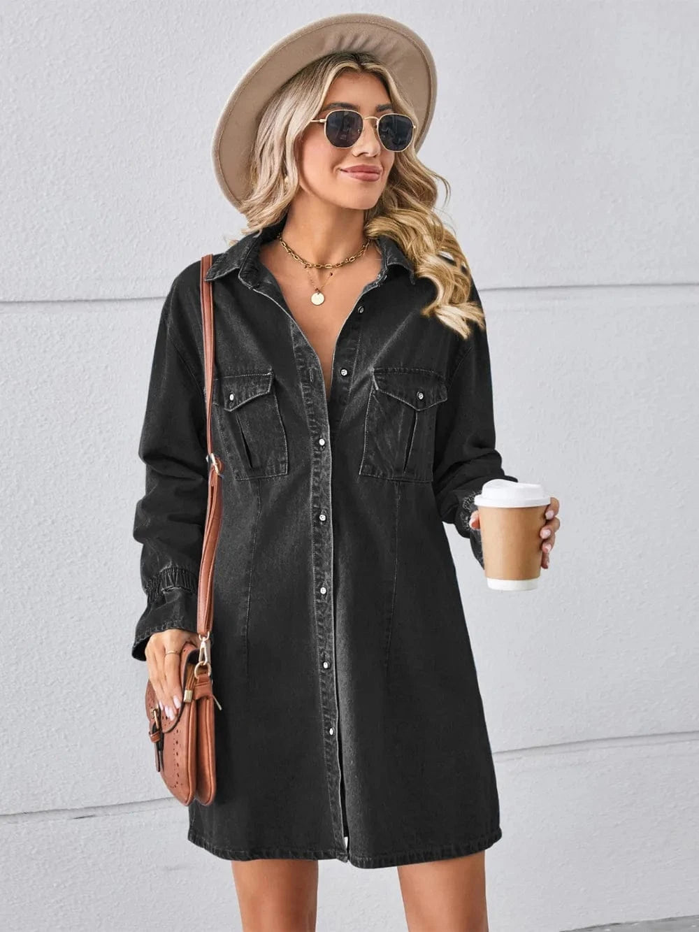 Trendsi Black / S Pocketed Dropped Shoulder Mini Denim Dress
