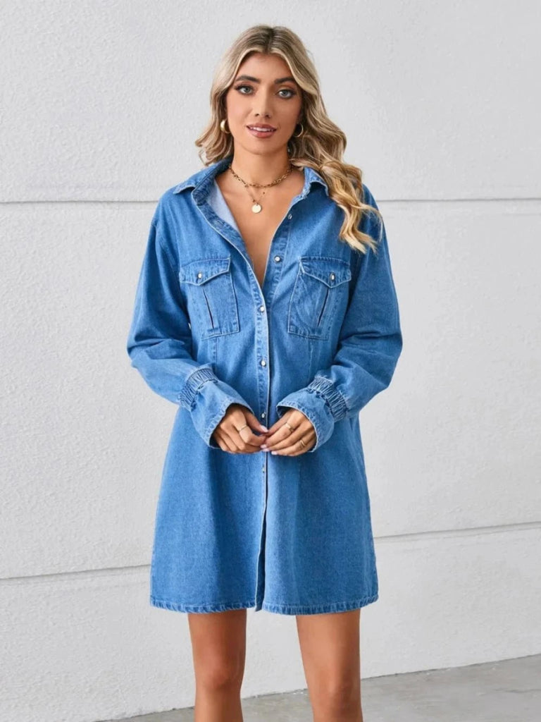 Pocketed Dropped Shoulder Mini Denim Dress - Dusty Blue by Trendsi from FREYA’S CLOSET