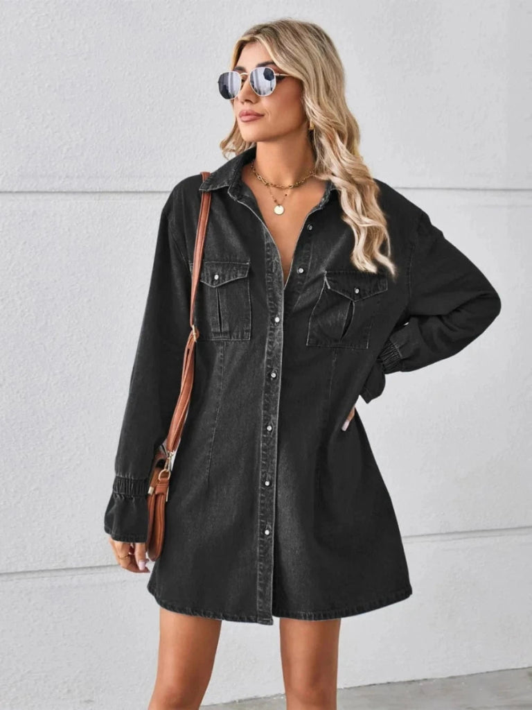 Pocketed Dropped Shoulder Mini Denim Dress - Black by Trendsi from FREYA’S CLOSET