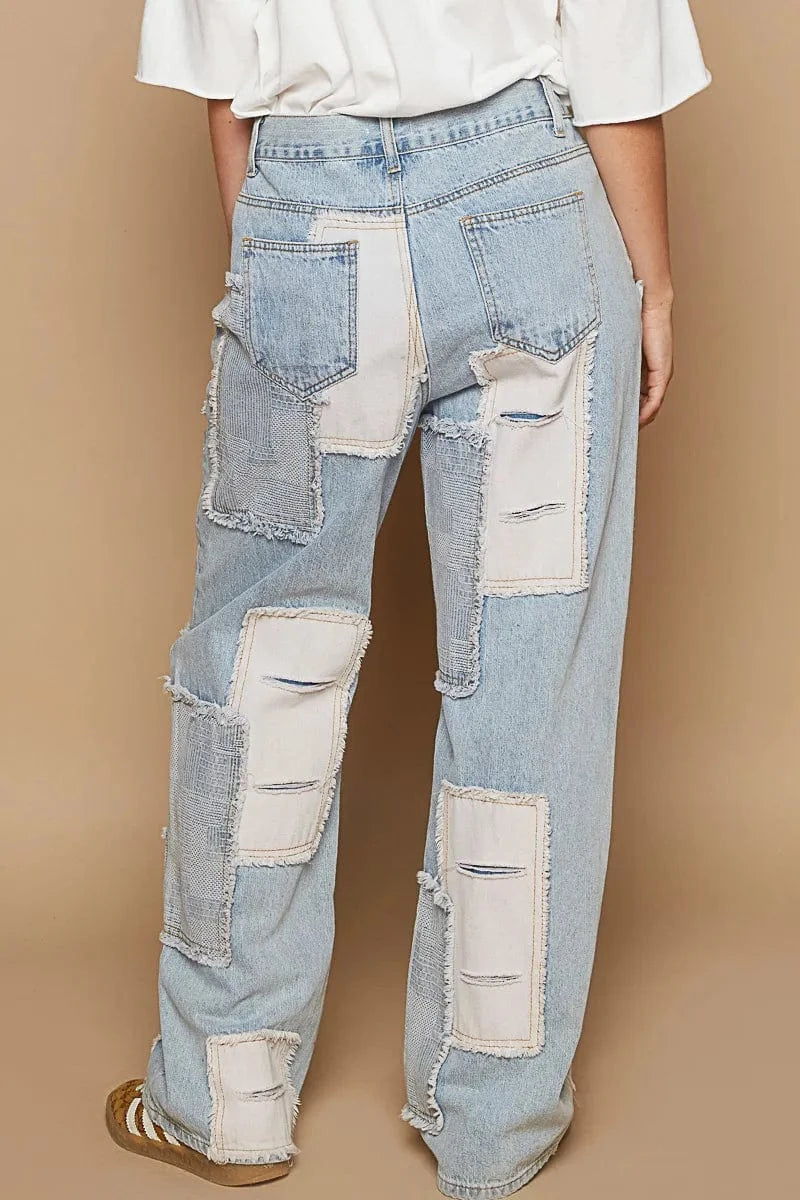 Trendsi Jeans POL Contrast Patched Raw Hem Straight Jeans