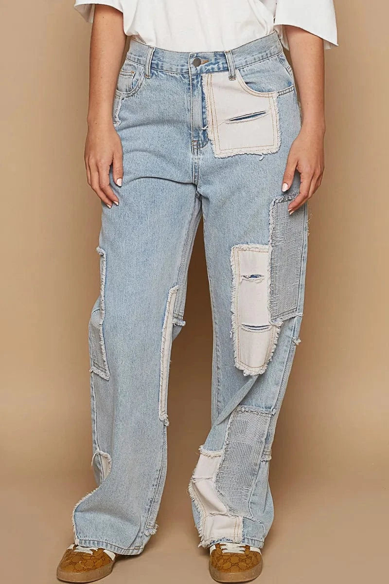 Trendsi Jeans Light / S POL Contrast Patched Raw Hem Straight Jeans