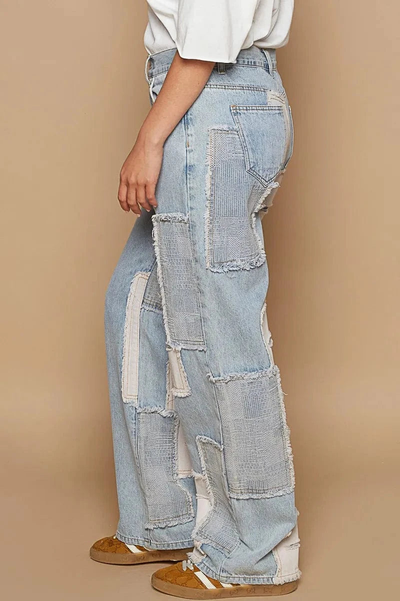 Trendsi Jeans POL Contrast Patched Raw Hem Straight Jeans