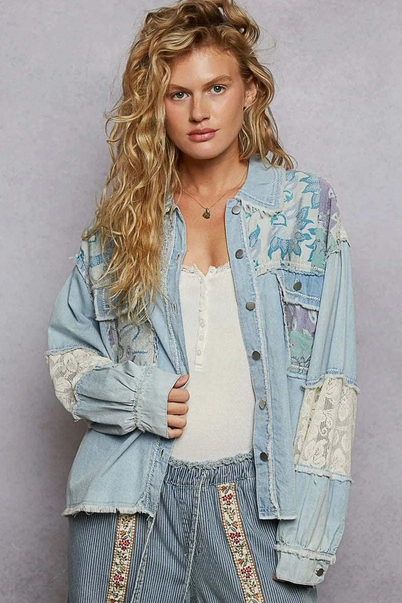 Trendsi Jacket Pastel  Blue / S POL Printed Woven Mix Raw Hem Jacket with Lace Detail