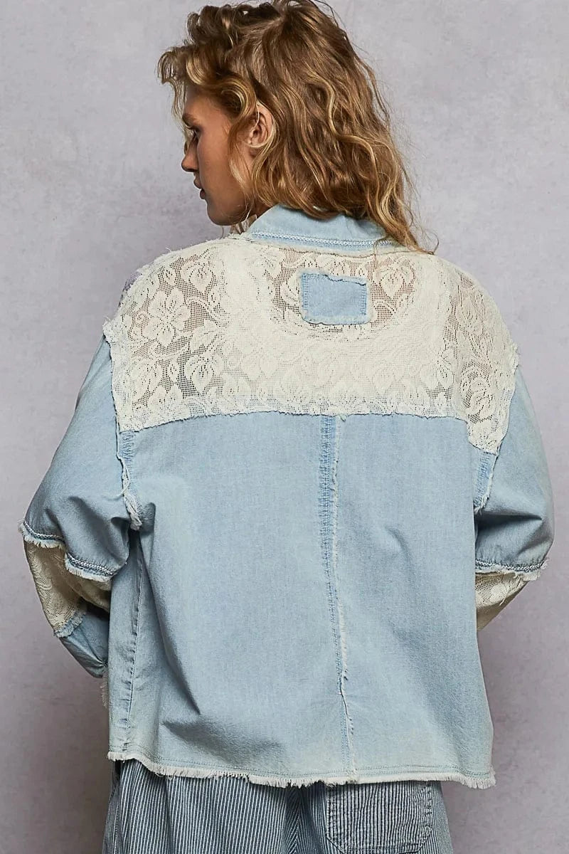 Trendsi Jacket POL Printed Woven Mix Raw Hem Jacket with Lace Detail