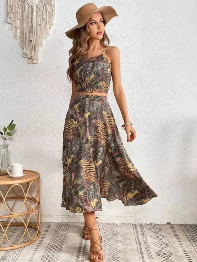 Printed Cami and Slit Skirt Set - Tan by Trendsi from FREYA’S CLOSET