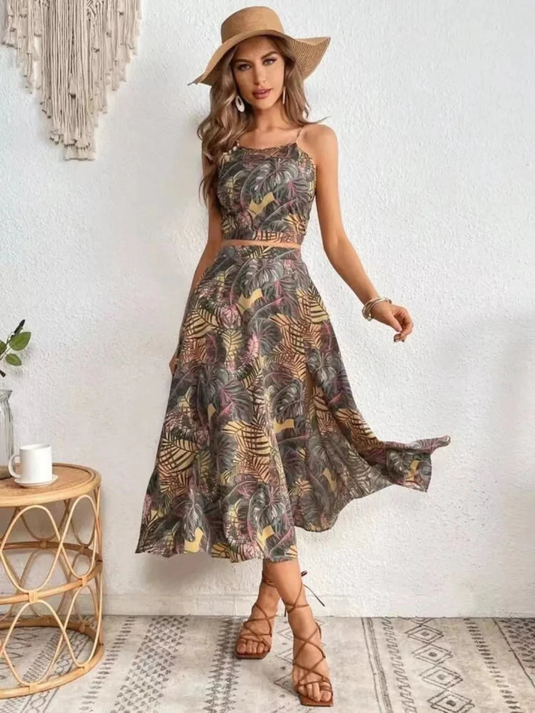 Printed Cami and Slit Skirt Set - Tan by Trendsi from FREYA’S CLOSET