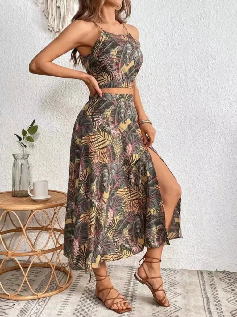 Printed Cami and Slit Skirt Set - Tan by Trendsi from FREYA’S CLOSET