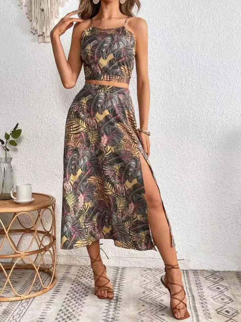 Printed Cami and Slit Skirt Set - Tan by Trendsi from FREYA’S CLOSET