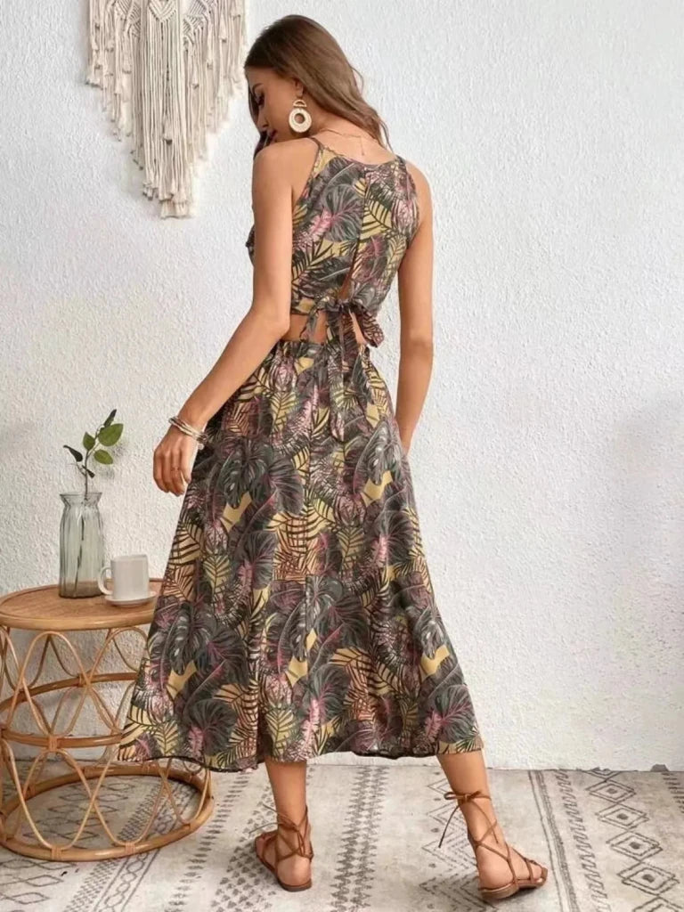 Printed Cami and Slit Skirt Set - Tan by Trendsi from FREYA’S CLOSET