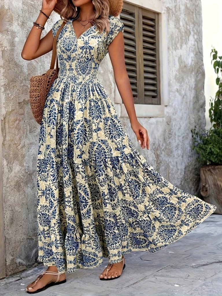 Printed Cap Sleeve Maxi Dress - Blue by Trendsi from FREYA’S CLOSET
