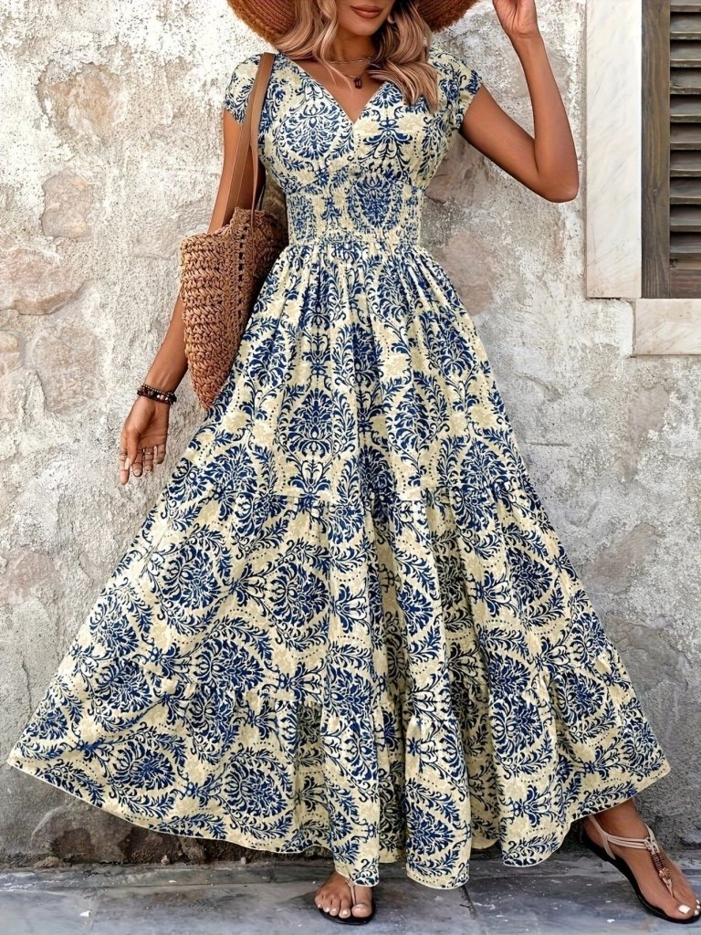 Printed Cap Sleeve Maxi Dress - Blue by Trendsi from FREYA’S CLOSET
