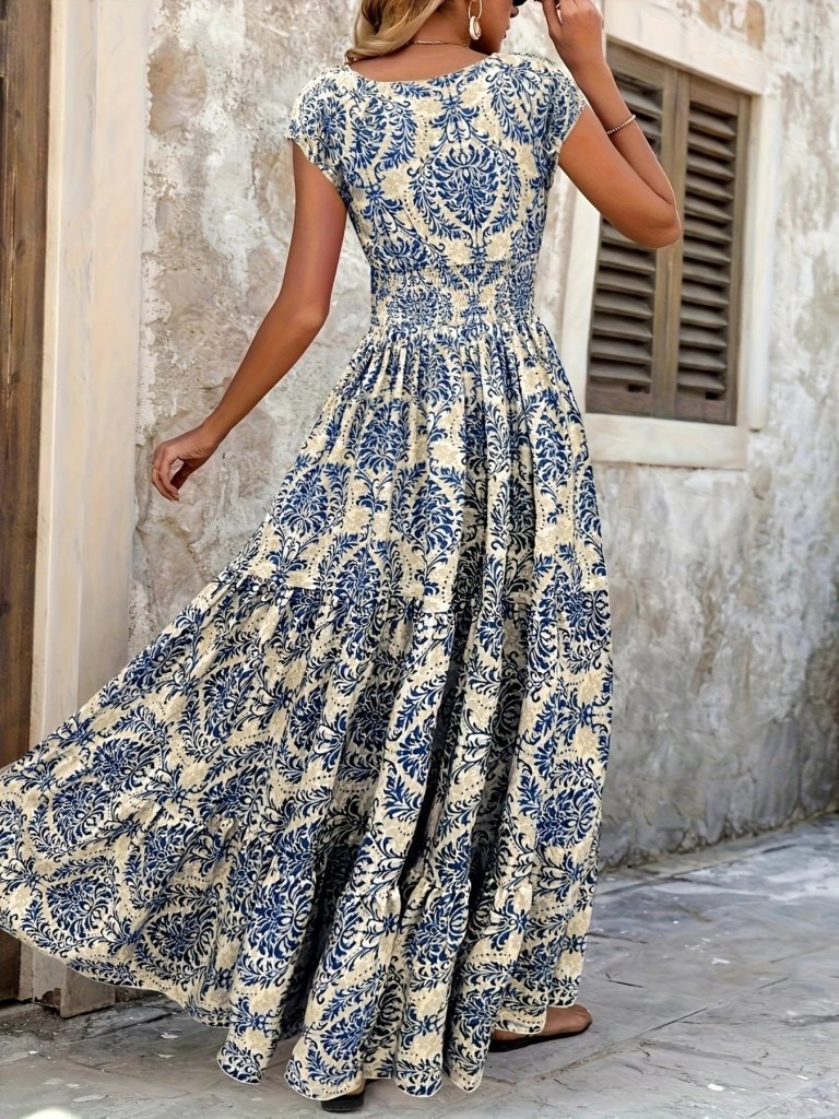 Printed Cap Sleeve Maxi Dress - Blue by Trendsi from FREYA’S CLOSET
