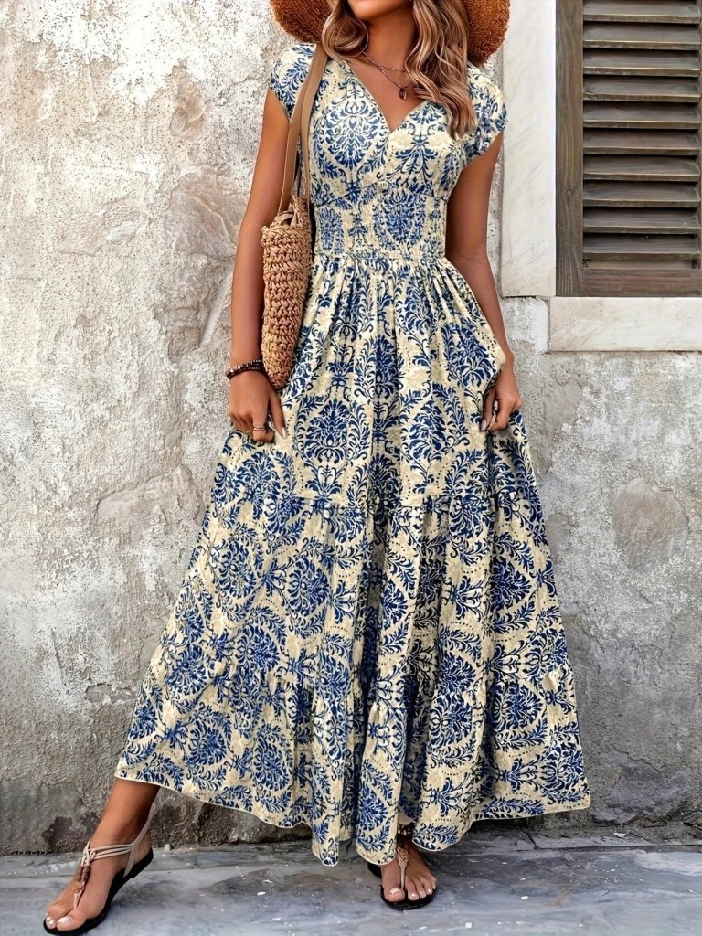 Printed Cap Sleeve Maxi Dress - Blue by Trendsi from FREYA’S CLOSET