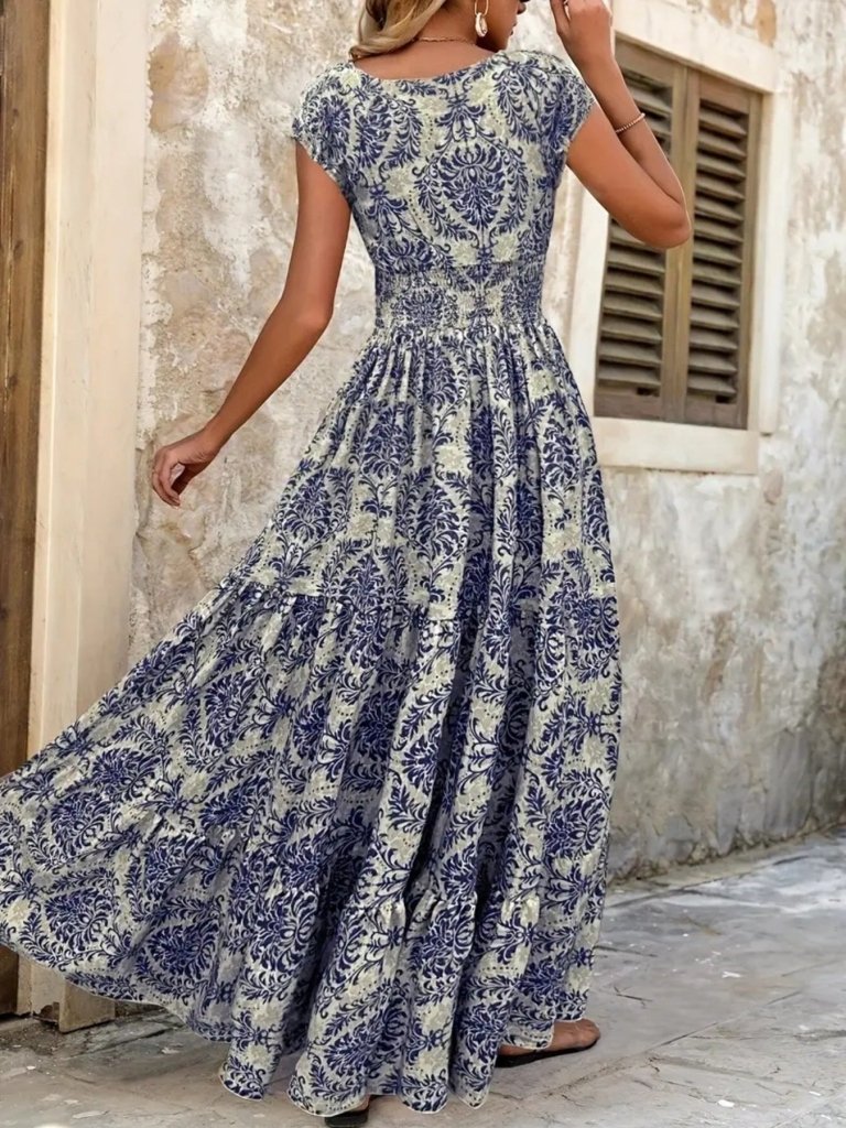 Printed Cap Sleeve Maxi Dress - Blue Flower by Trendsi from FREYA’S CLOSET