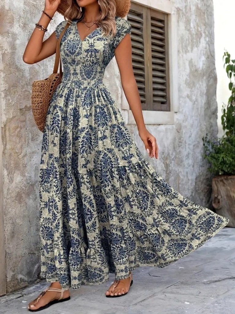Printed Cap Sleeve Maxi Dress - Blue Flower by Trendsi from FREYA’S CLOSET