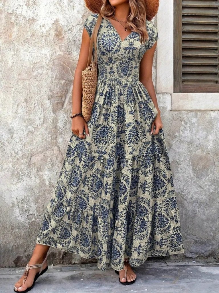 Printed Cap Sleeve Maxi Dress - Blue Flower by Trendsi from FREYA’S CLOSET
