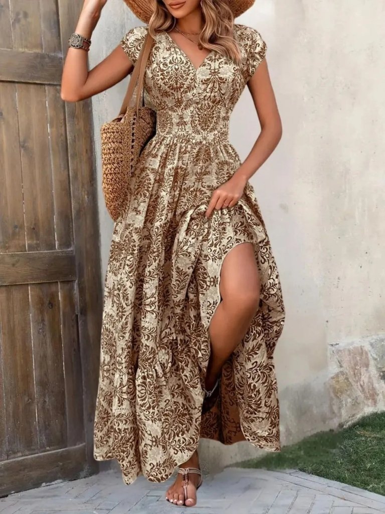 Printed Cap Sleeve Maxi Dress - Brown Flower by Trendsi from FREYA’S CLOSET