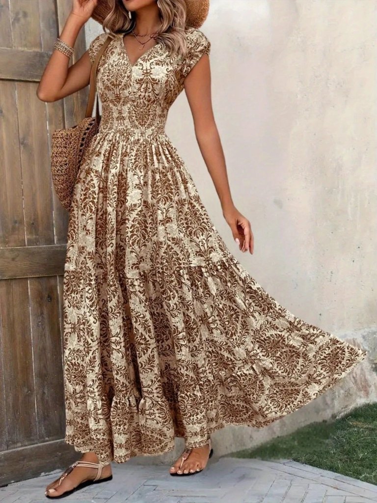 Printed Cap Sleeve Maxi Dress - Brown Flower by Trendsi from FREYA’S CLOSET