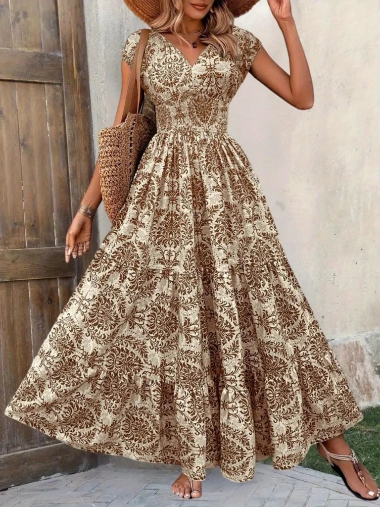 Printed Cap Sleeve Maxi Dress - Brown Flower by Trendsi from FREYA’S CLOSET