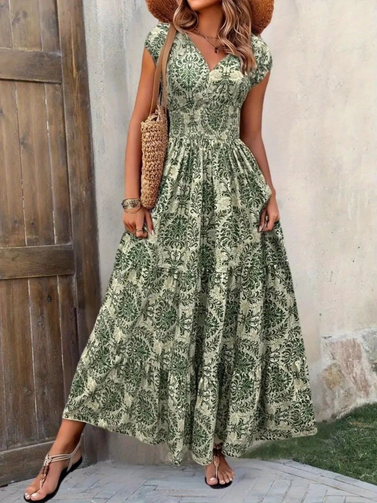 Printed Cap Sleeve Maxi Dress - Green Flower by Trendsi from FREYA’S CLOSET