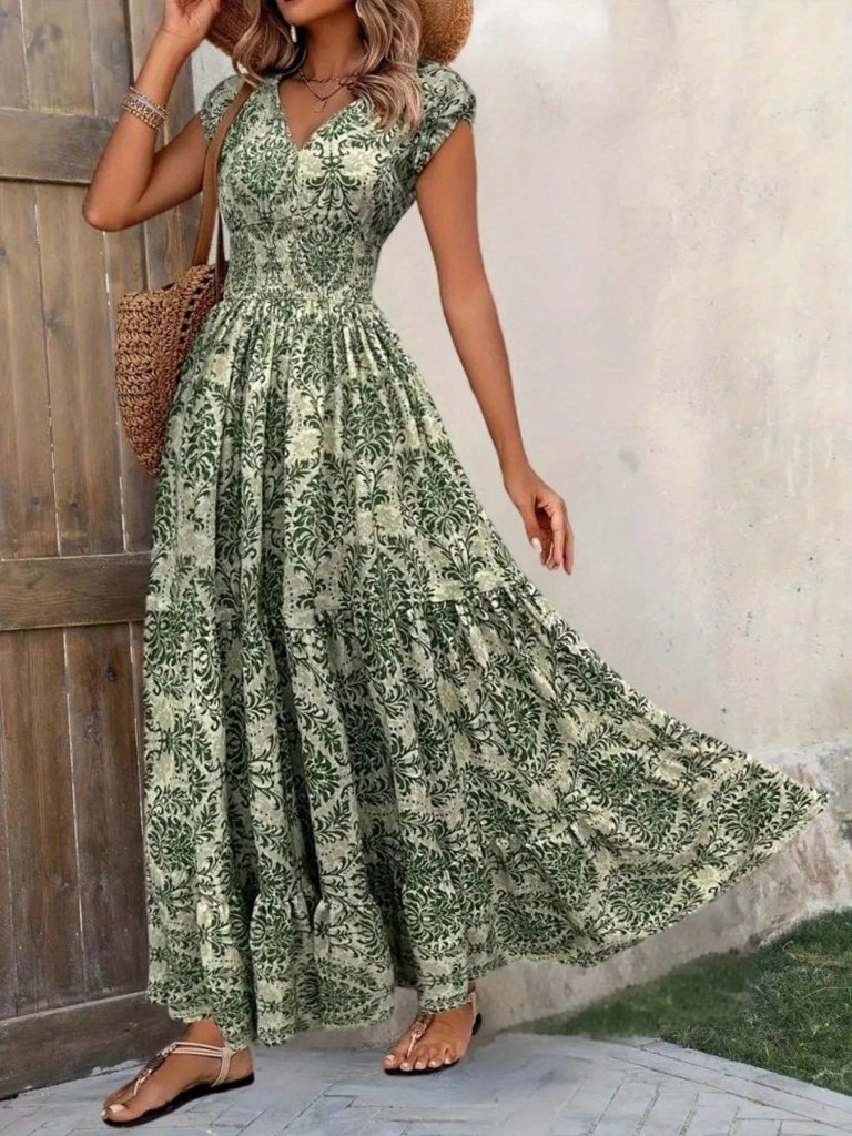 Printed Cap Sleeve Maxi Dress - Green Flower by Trendsi from FREYA’S CLOSET