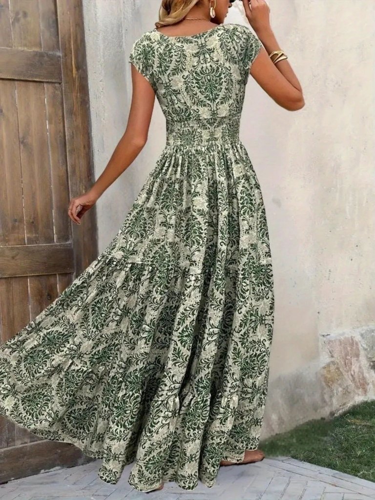 Printed Cap Sleeve Maxi Dress - Green Flower by Trendsi from FREYA’S CLOSET