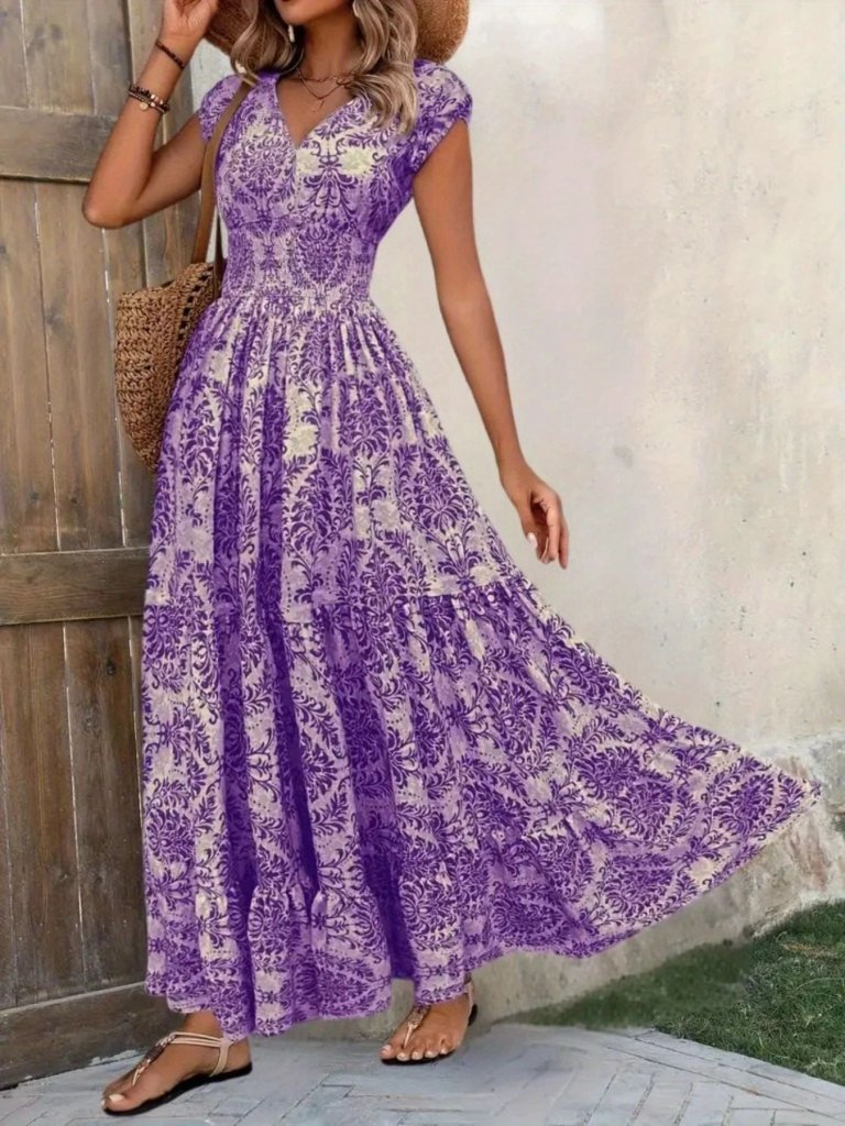Printed Cap Sleeve Maxi Dress - Purple Flower by Trendsi from FREYA’S CLOSET