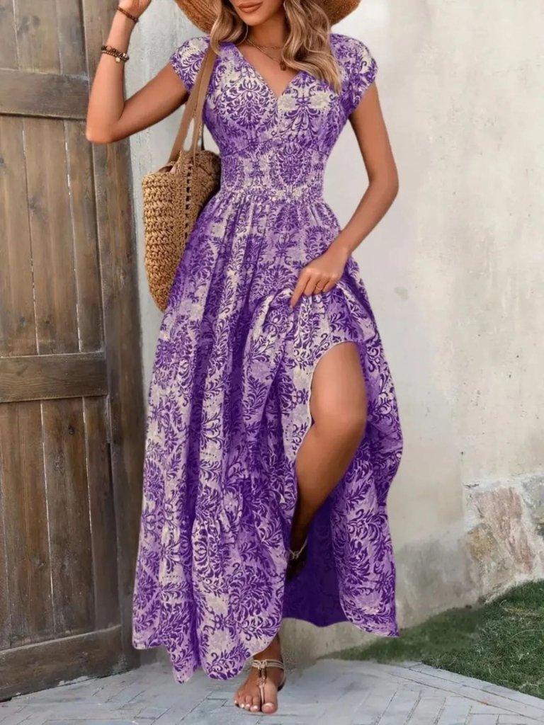 Printed Cap Sleeve Maxi Dress - Purple Flower by Trendsi from FREYA’S CLOSET