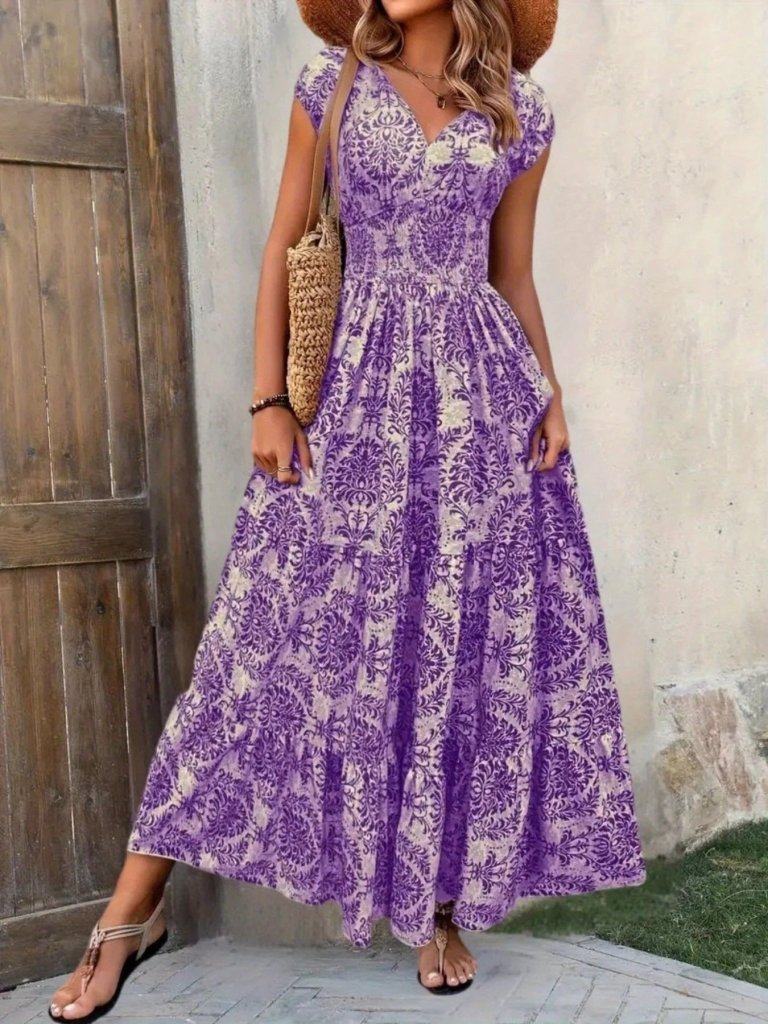 Printed Cap Sleeve Maxi Dress - Purple Flower by Trendsi from FREYA’S CLOSET
