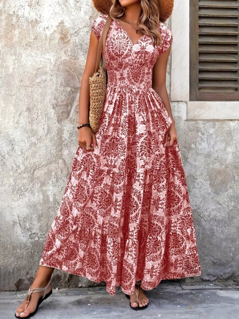Printed Cap Sleeve Maxi Dress - Red by Trendsi from FREYA’S CLOSET