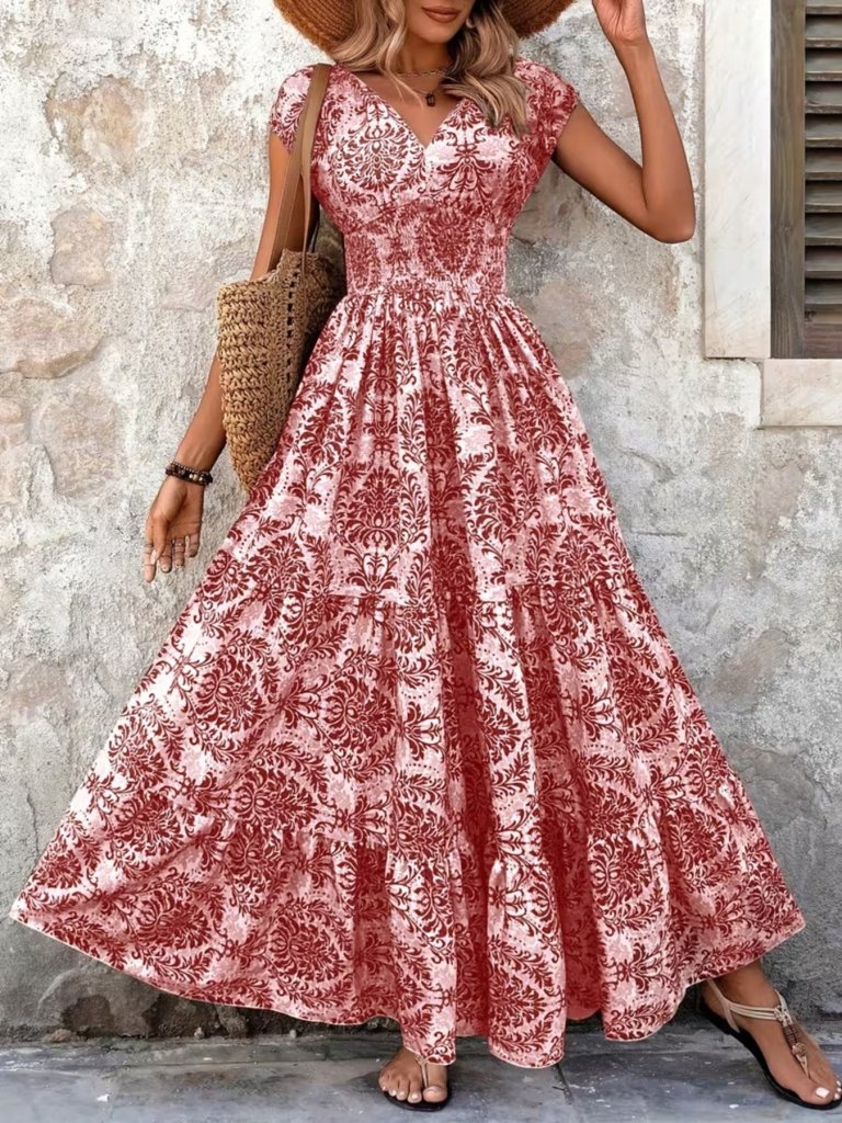 Printed Cap Sleeve Maxi Dress - Red by Trendsi from FREYA’S CLOSET