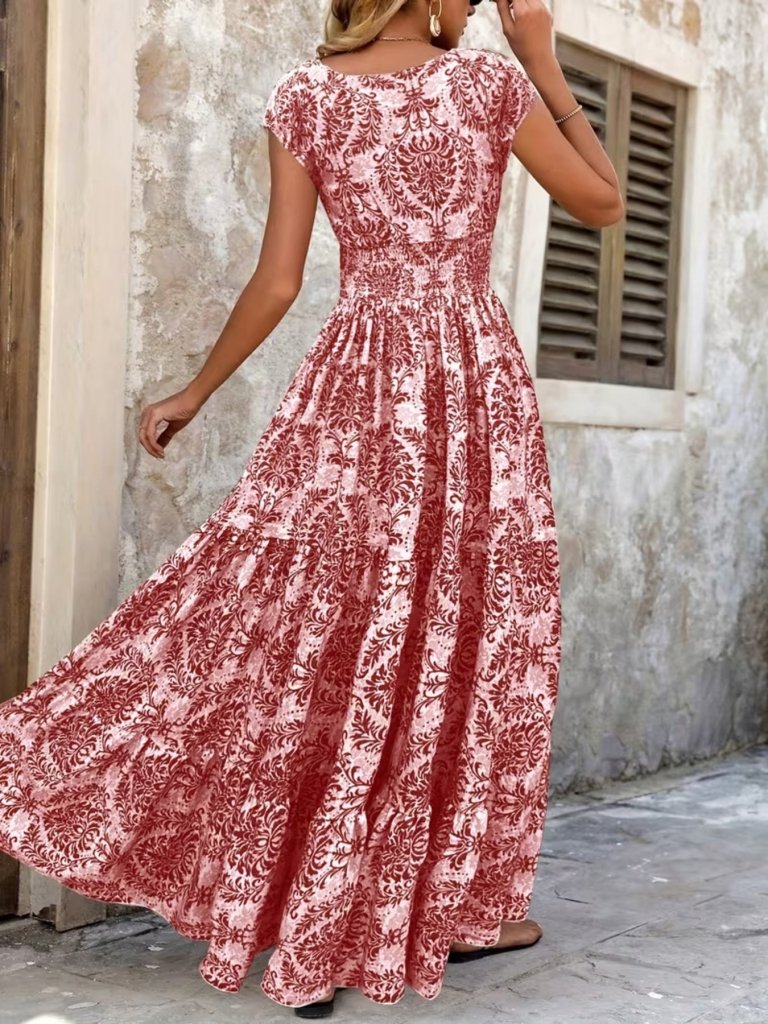 Printed Cap Sleeve Maxi Dress - Red by Trendsi from FREYA’S CLOSET