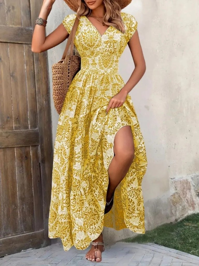 Printed Cap Sleeve Maxi Dress - Yellow Flower by Trendsi from FREYA’S CLOSET