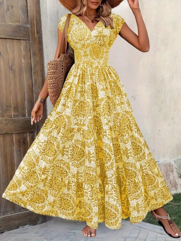 Printed Cap Sleeve Maxi Dress - Yellow Flower by Trendsi from FREYA’S CLOSET