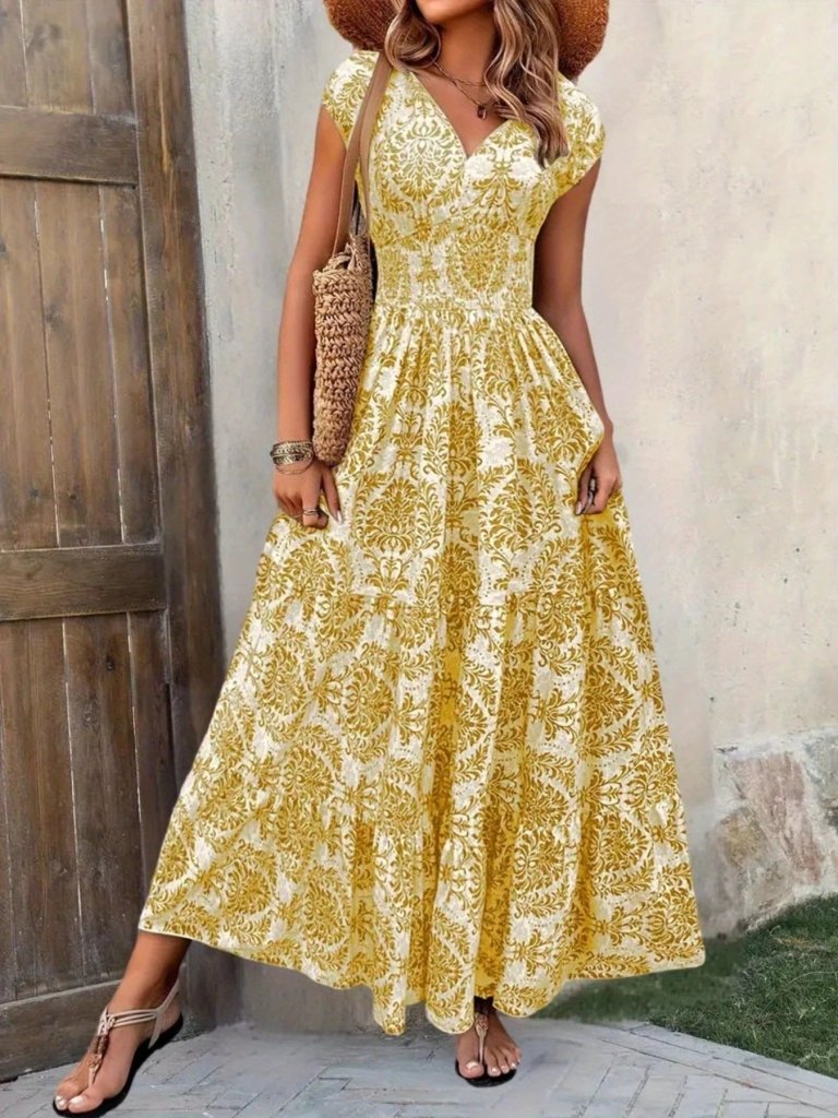 Printed Cap Sleeve Maxi Dress - Yellow Flower by Trendsi from FREYA’S CLOSET